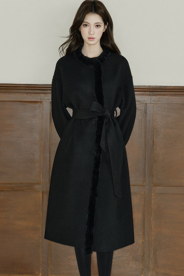 Rabbit Fur Placket Wool Coat