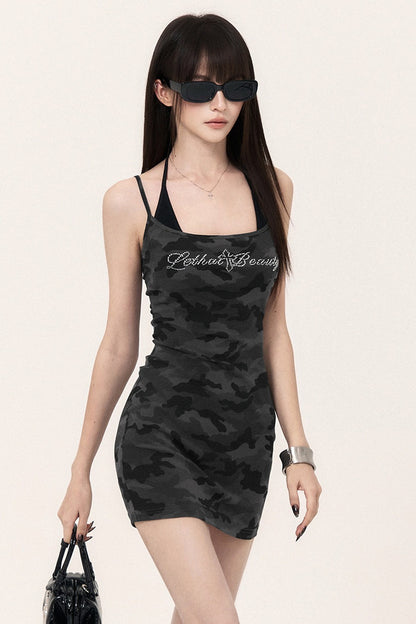 Camouflage Rhinestone Top and Mini Dress Set-Up