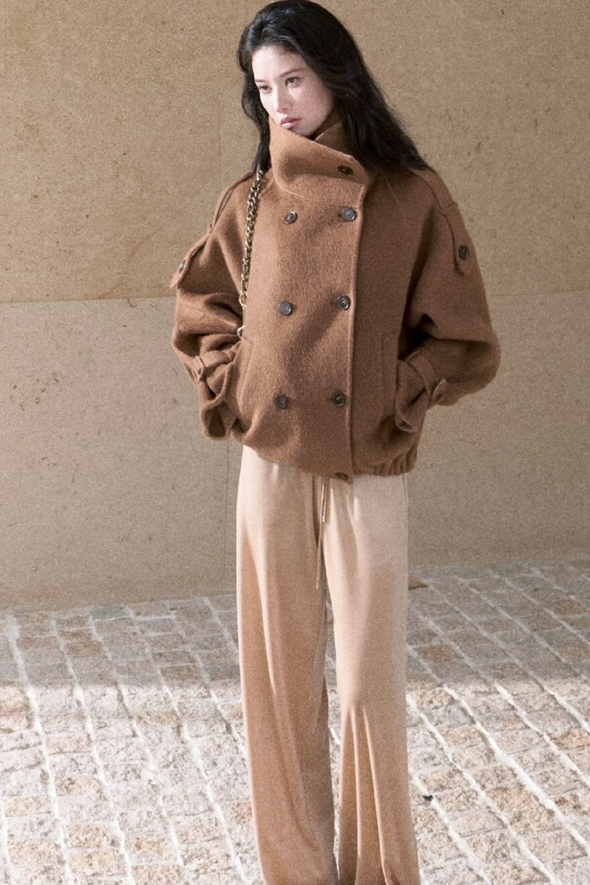 Lace Knit Long-Sleeve Top and Drape Velvet Straight-Leg Pants Set-Up