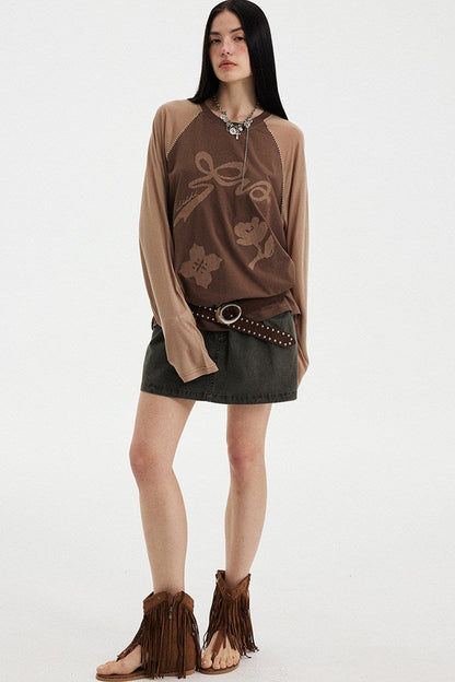 Bow Floral Spliced Long-Sleeve Top