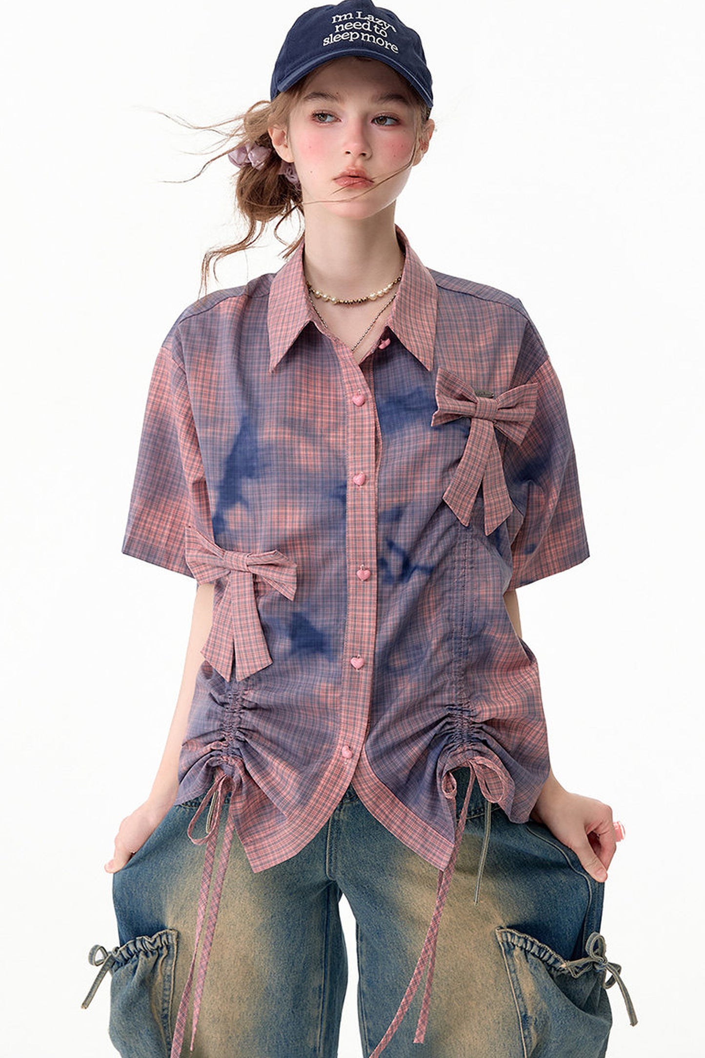 Pink Plaid Bow Drawstring Blouse