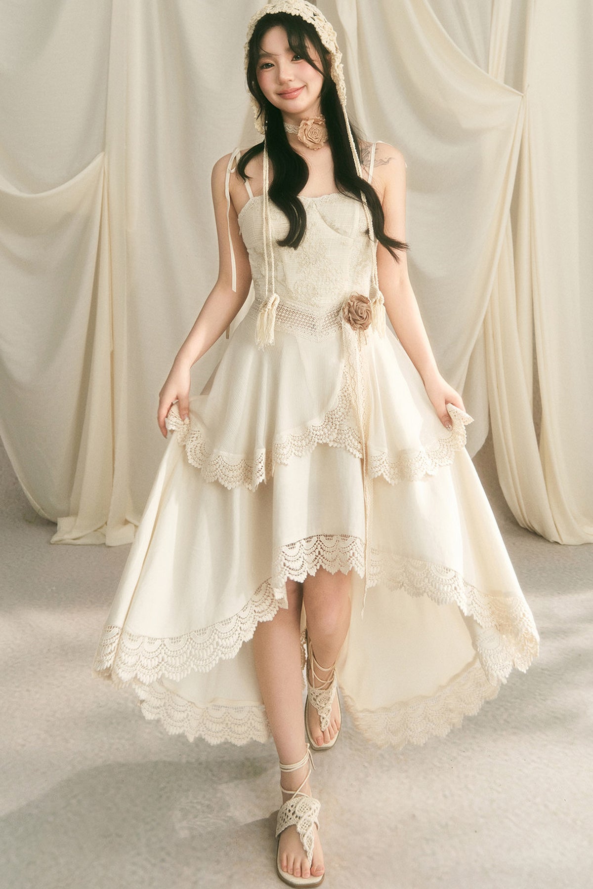 French Heavy Lace Trailing Strap Dress