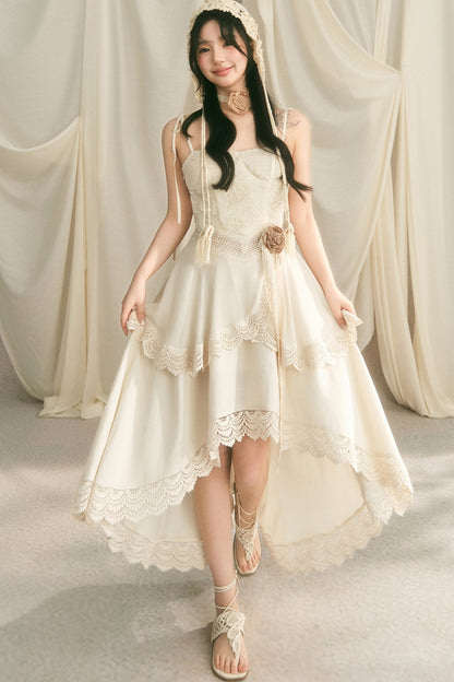 French Heavy Lace Trailing Strap Dress