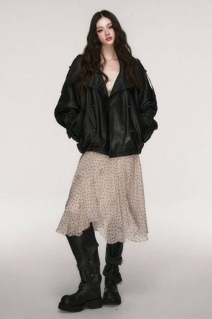 Lederjacke mit lockerer Silhouette und zweireihiger Knopfleiste