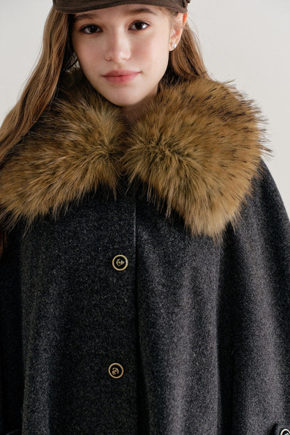 Detachable Large Fur Collar Woolen Cape
