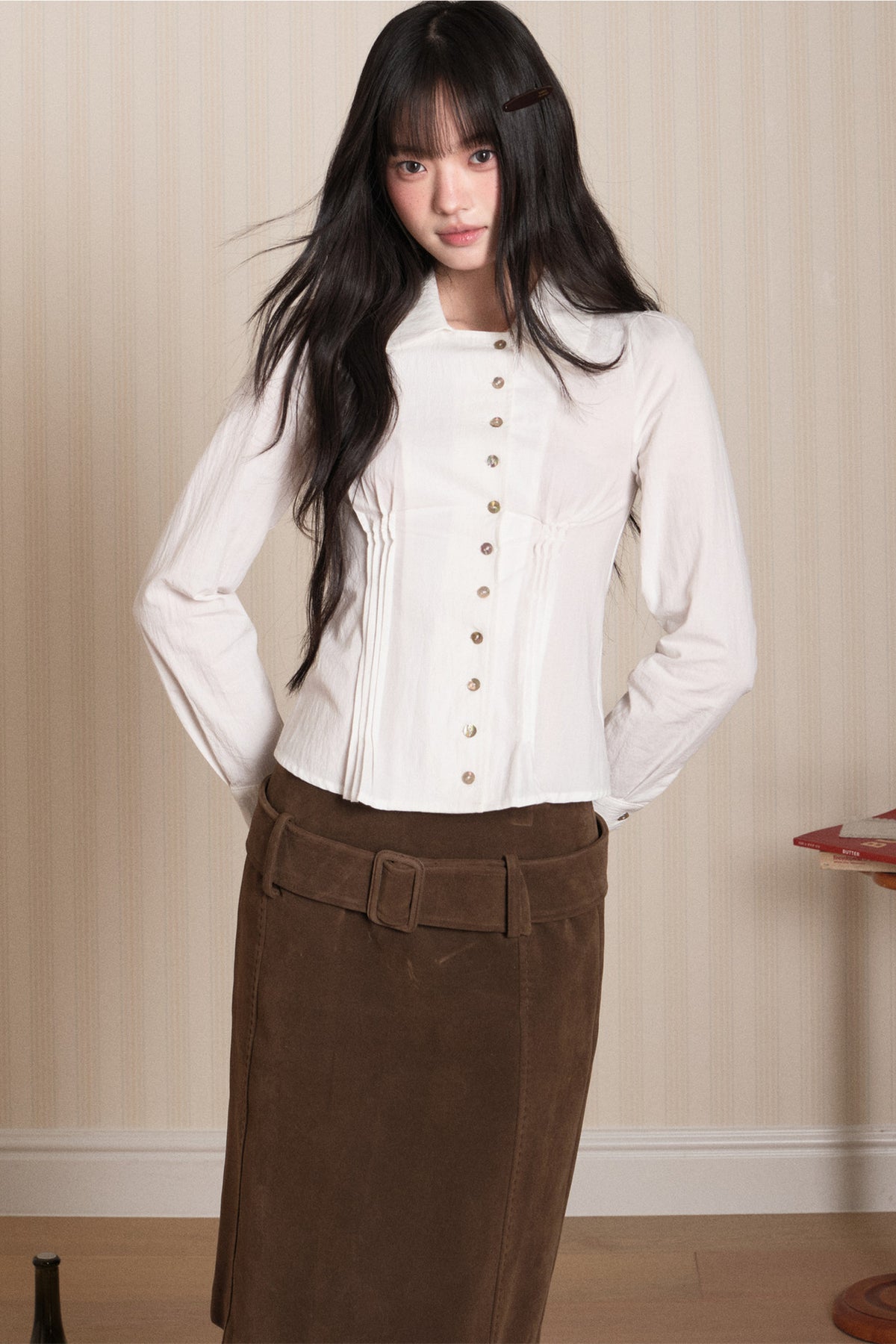 Pleated Shell Button Lapel Shirt