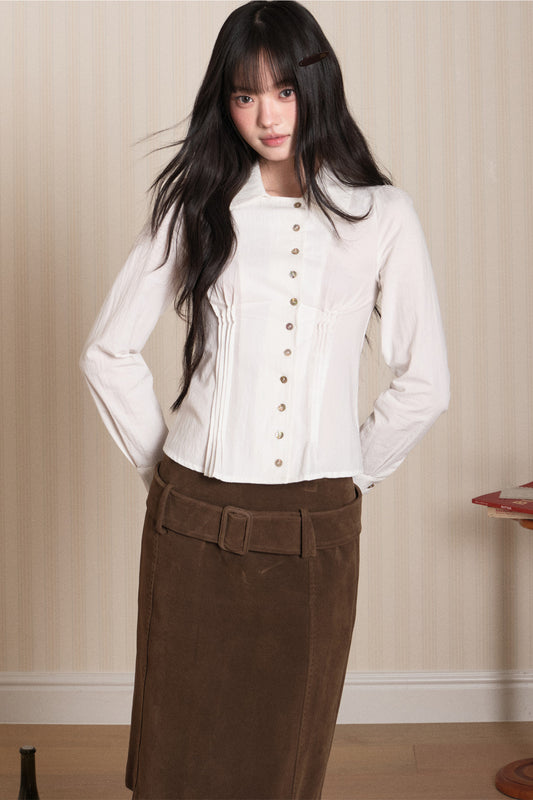 Pleated Shell Button Lapel Shirt