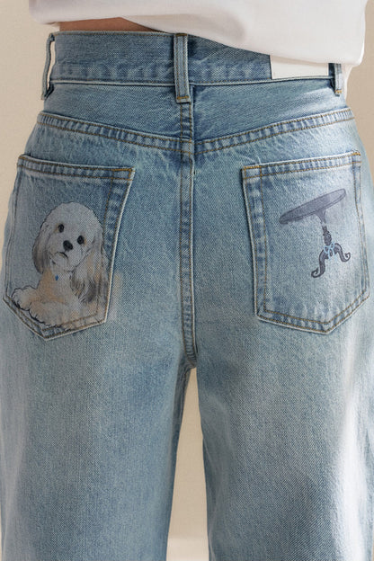 Hand-Painted Puppy Denim Pants