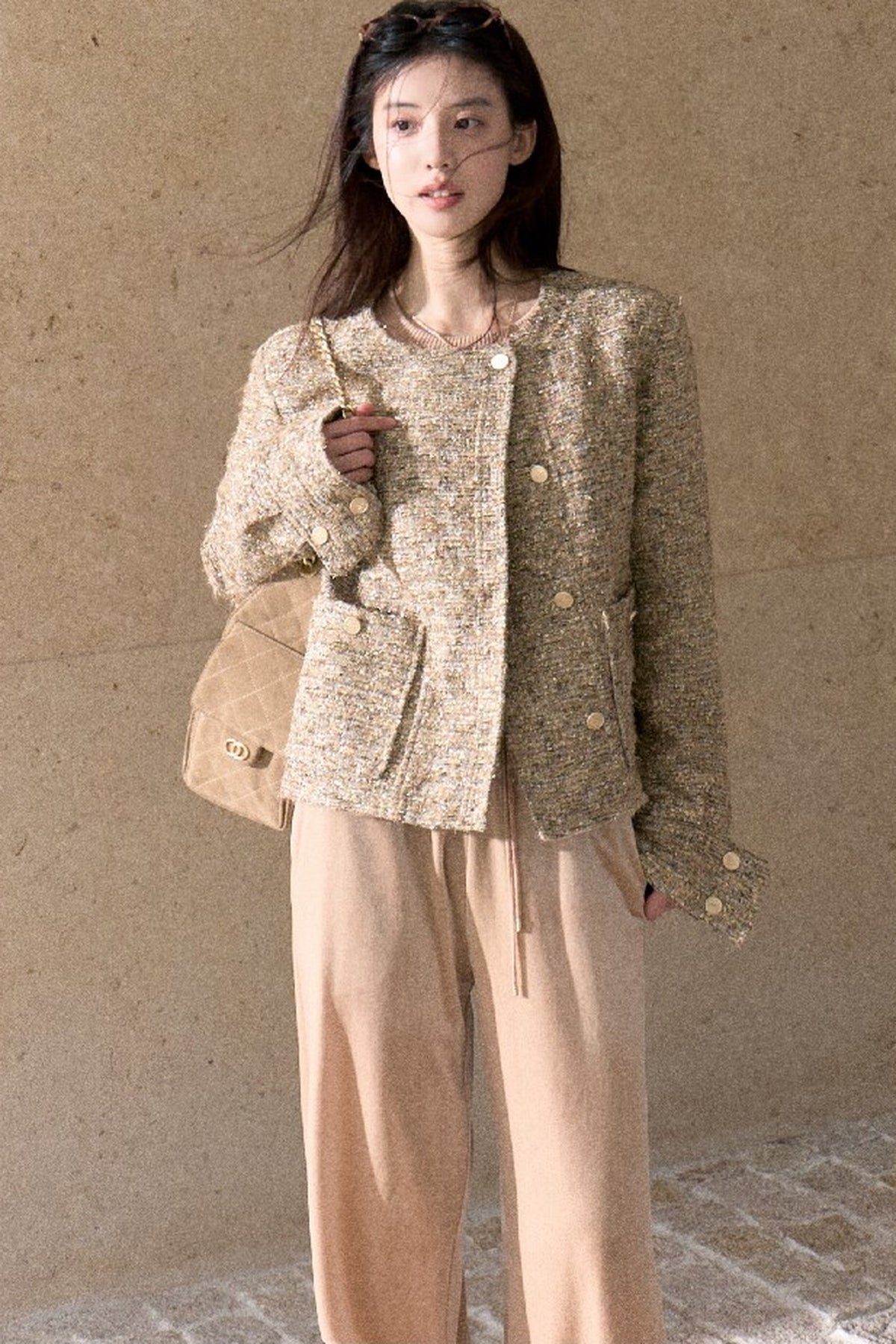 Lace Knit Long-Sleeve Top and Drape Velvet Straight-Leg Pants Set-Up