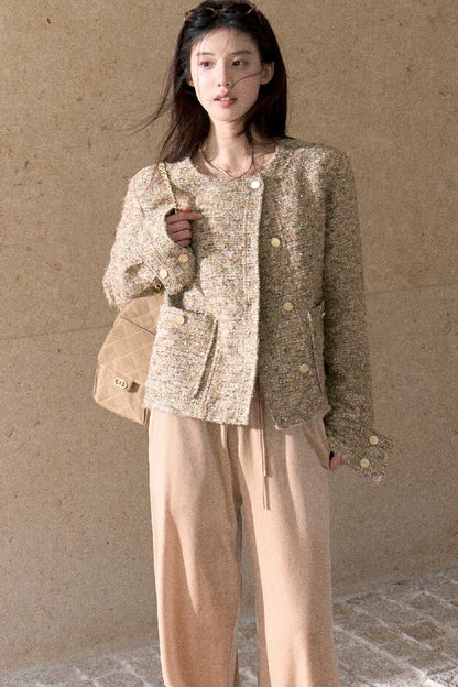 Lace Knit Long-Sleeve Top and Drape Velvet Straight-Leg Pants Set-Up