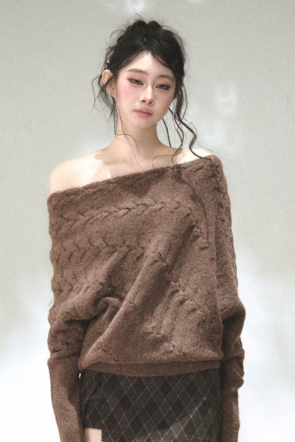 Diagonal Cable Knit Off-Shoulder Sweater