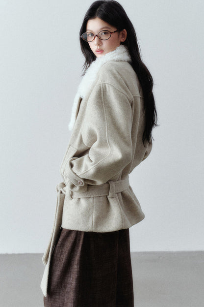 Plush Lapel Woolen Tie-Up Jacket