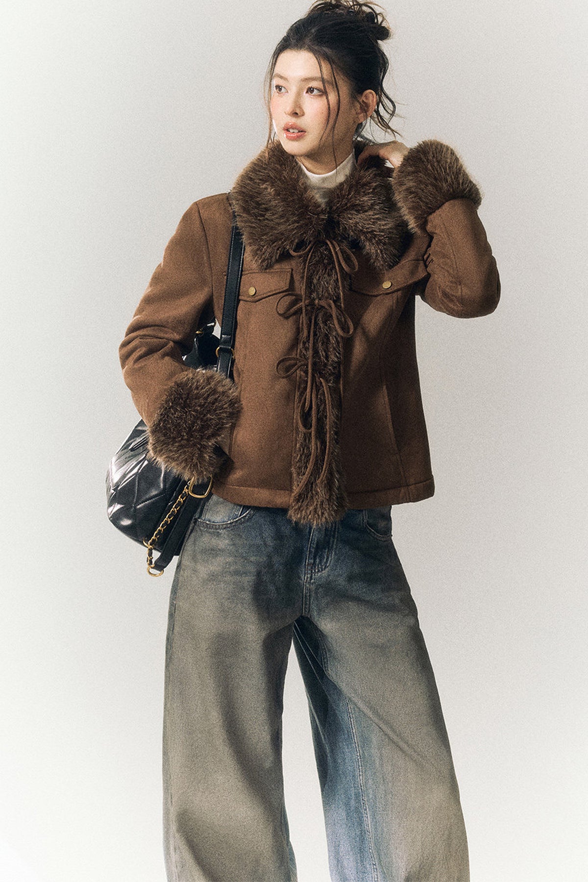 Suede Fur Collar Lace-Up Jacket