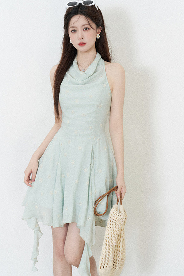 Halter Neck Sleeveless Irregular Hem Ruffle Dress