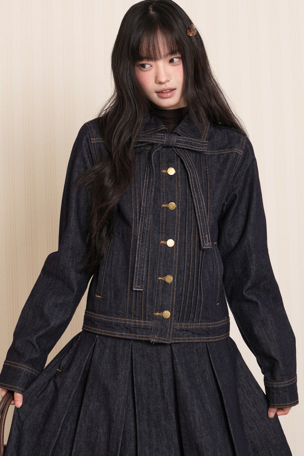 Washed Denim Lapel Tie Jacket