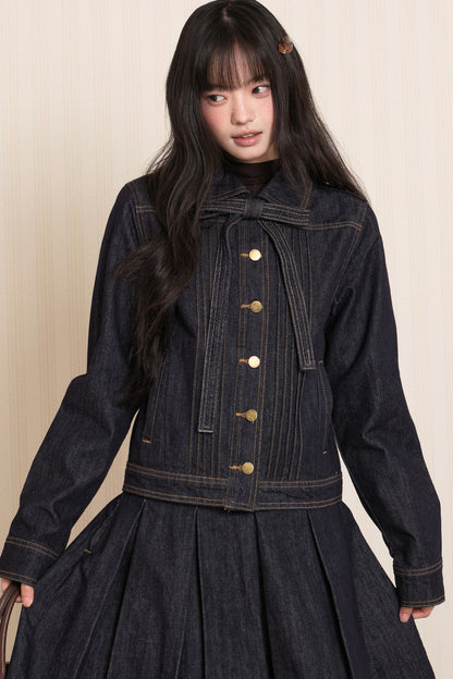 Washed Denim Lapel Tie Jacket