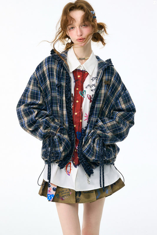 Giacca con zip e cappuccio a quadri blu navy