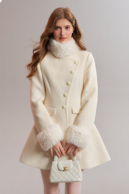 White Diagonal Collar Fur Stand Collar Coat