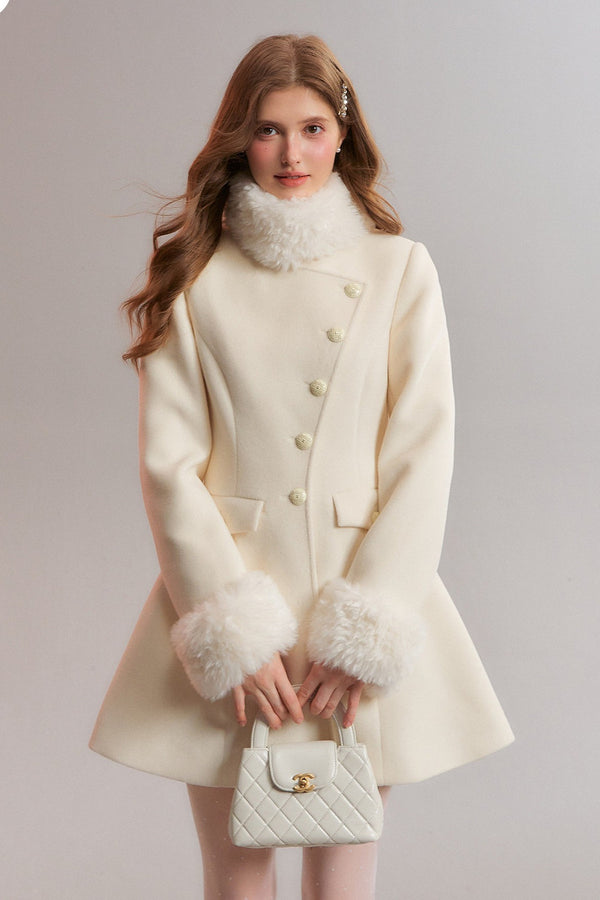 White Diagonal Collar Fur Stand Collar Coat