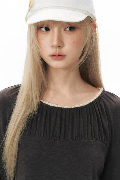 Pleated Striped Knit Base Layer Top