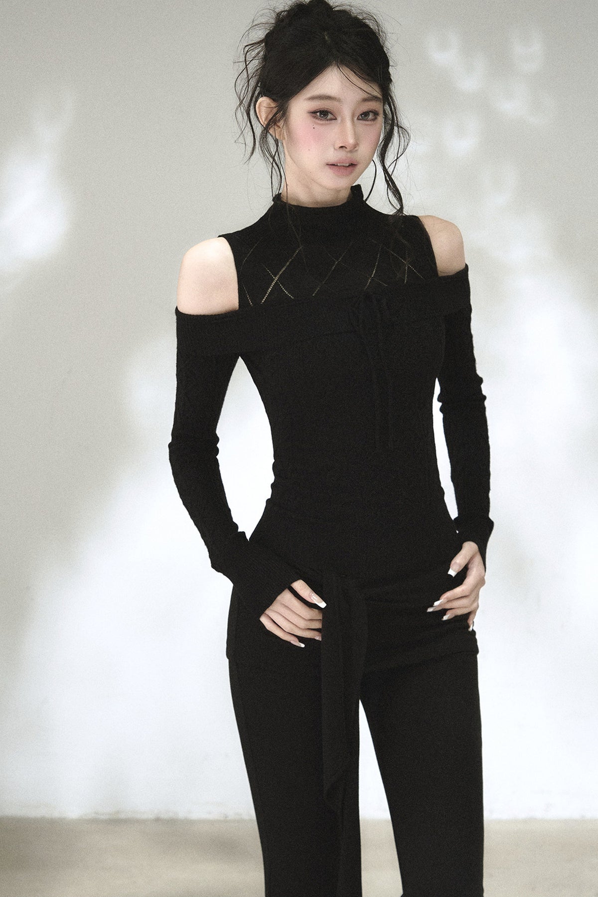 Hollow-Out Off-Shoulder Diamond Knit Top