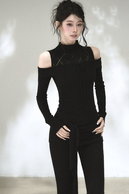 Hollow-Out Off-Shoulder Diamond Knit Top