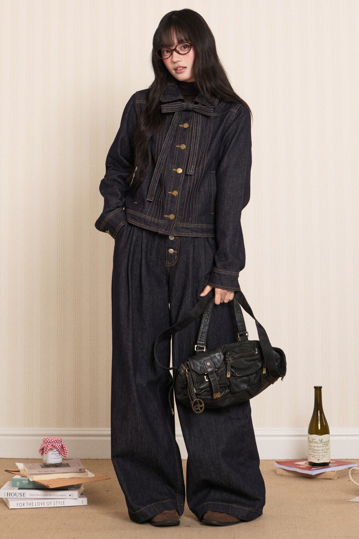 Washed Denim Lapel Tie Jacket