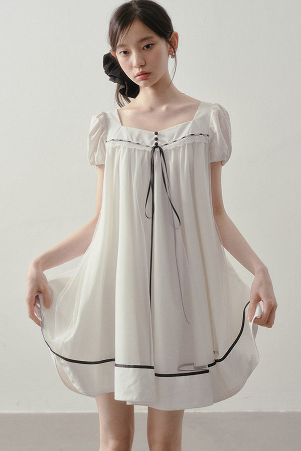 White A-Line Puff Sleeve Contrast Piping Dress