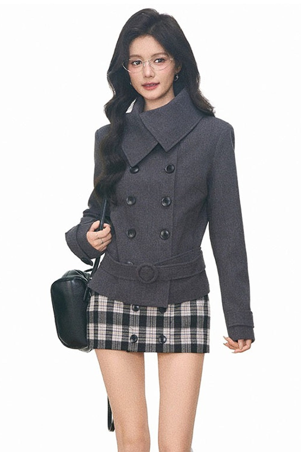 Double-Breasted Woolen Coat and Skirt Set-Up