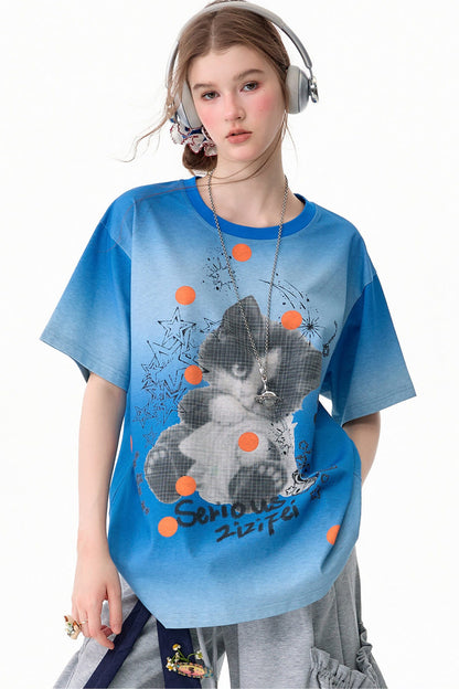 Blue Gradient Cat Print T-Shirt