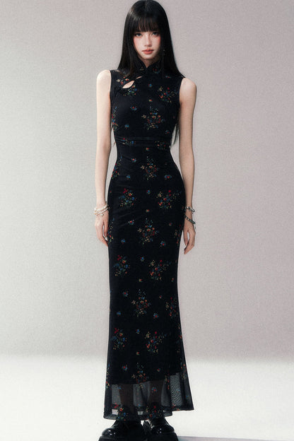 Floral Mesh Cheongsam Long Dress