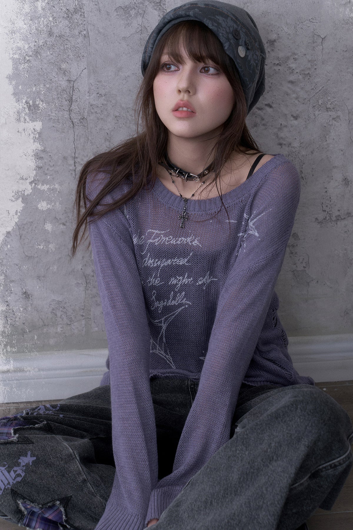 Purple Ripped Knit Print Sweater