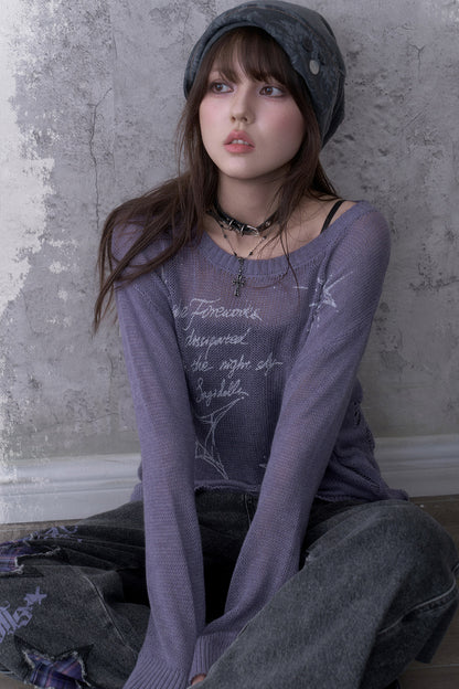Purple Ripped Knit Print Sweater