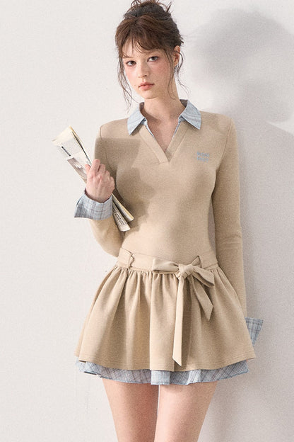Bow Belt Knit Layered-Look Dress