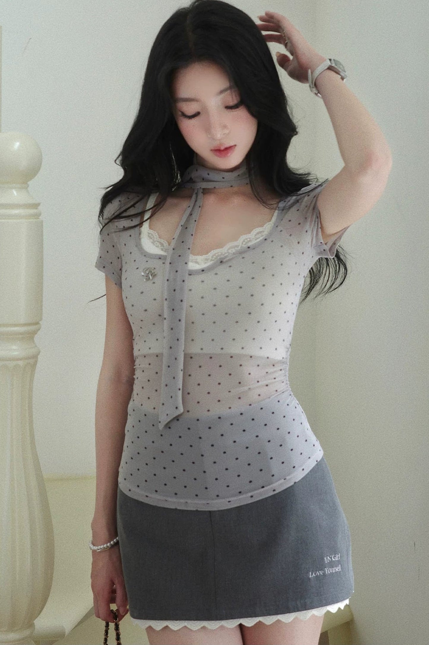 Gray Lace Polka Dot Top Skirt Set-Up