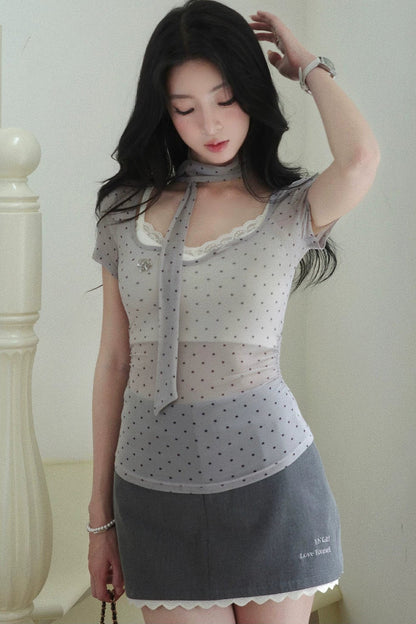 Gray Lace Polka Dot Top Skirt Set-Up
