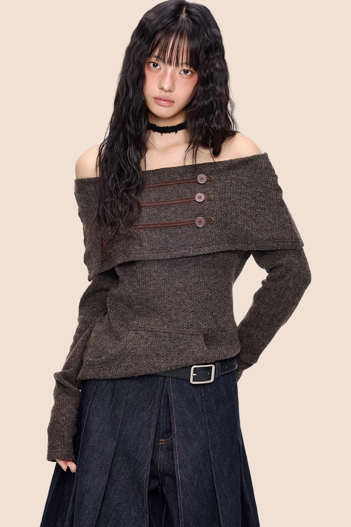 Button Off-Shoulder Knit Top