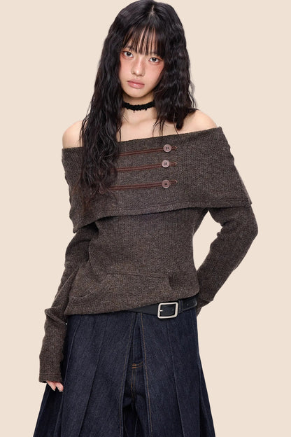 Button Off-Shoulder Knit Top