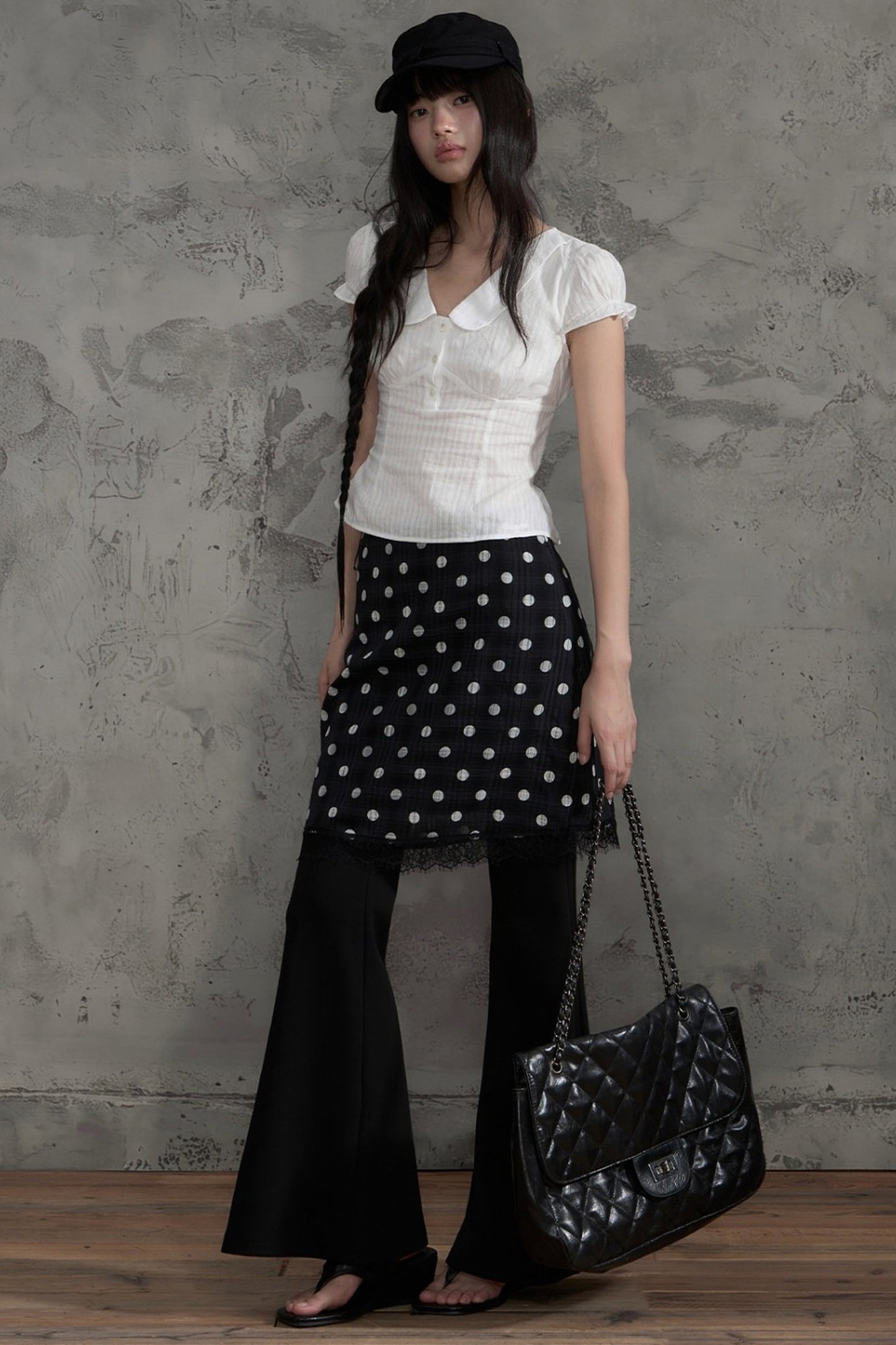 Collar Textured Blouse and Polka Dot Skirt Set-Up