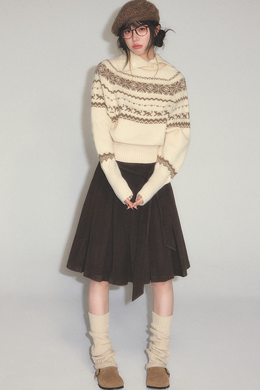 Fair Isle Cable-Knit Stand-Up Collar Sweater