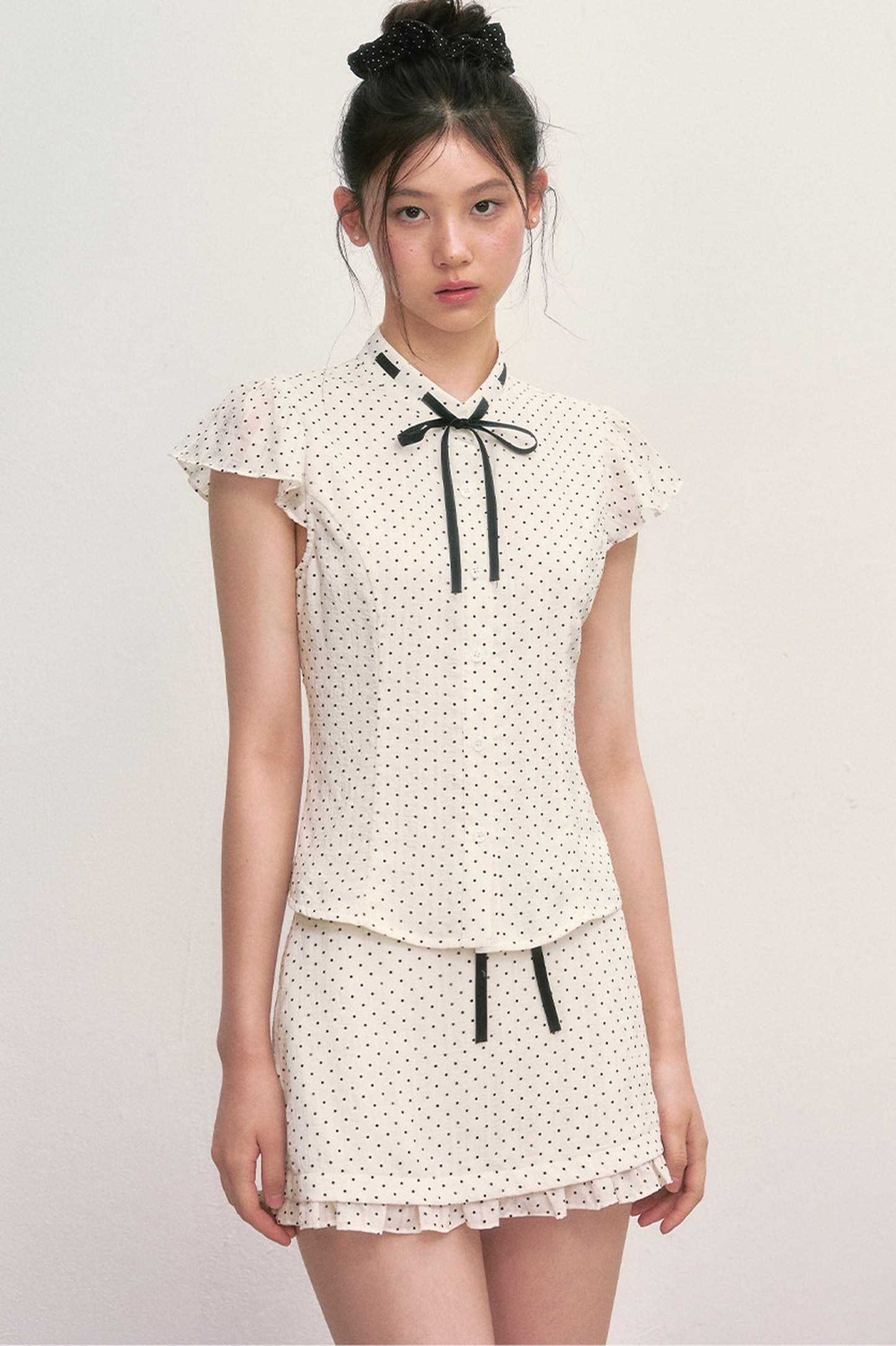 Polka Dot Tie Neck Short-Sleeved Shirt and Skirt Set-Up