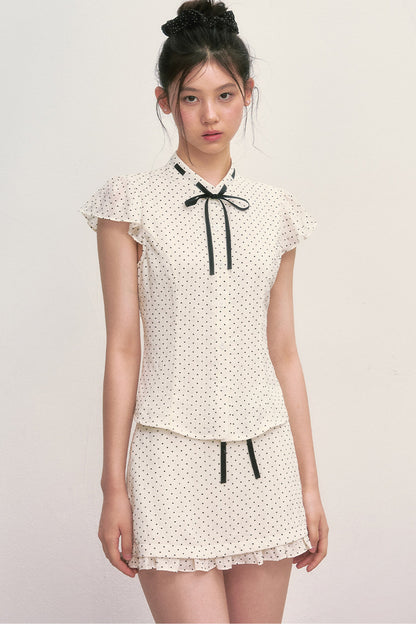 Polka Dot Tie Neck Short-Sleeved Shirt and Skirt Set-Up