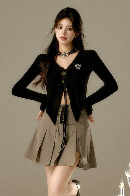 Rose Heart Embroidery Lace-Up Pleated A-Line Skirt