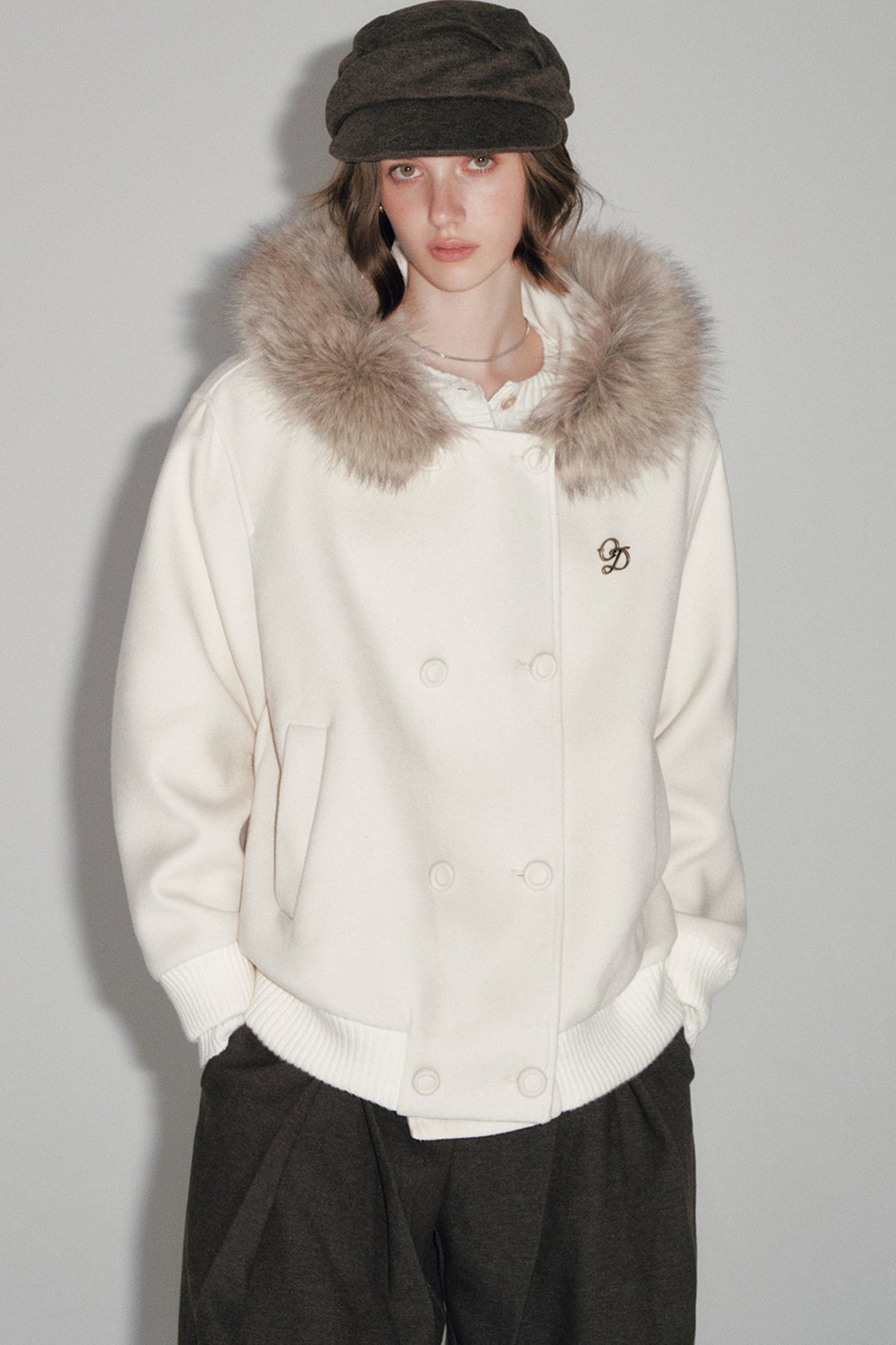 White Wool Hooded Large Fur Collar Jacket