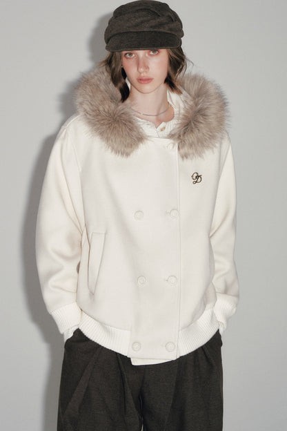 White Wool Hooded Large Fur Collar Jacket