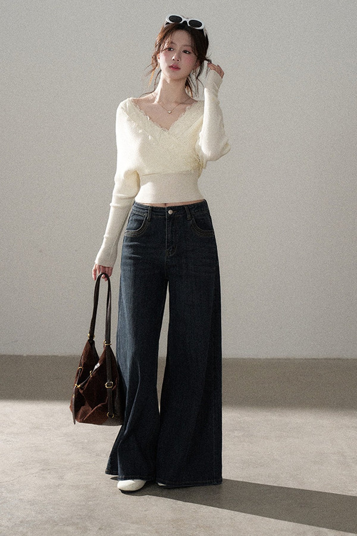 V-Neck Hollow Knit Top and Jeans Set-Up