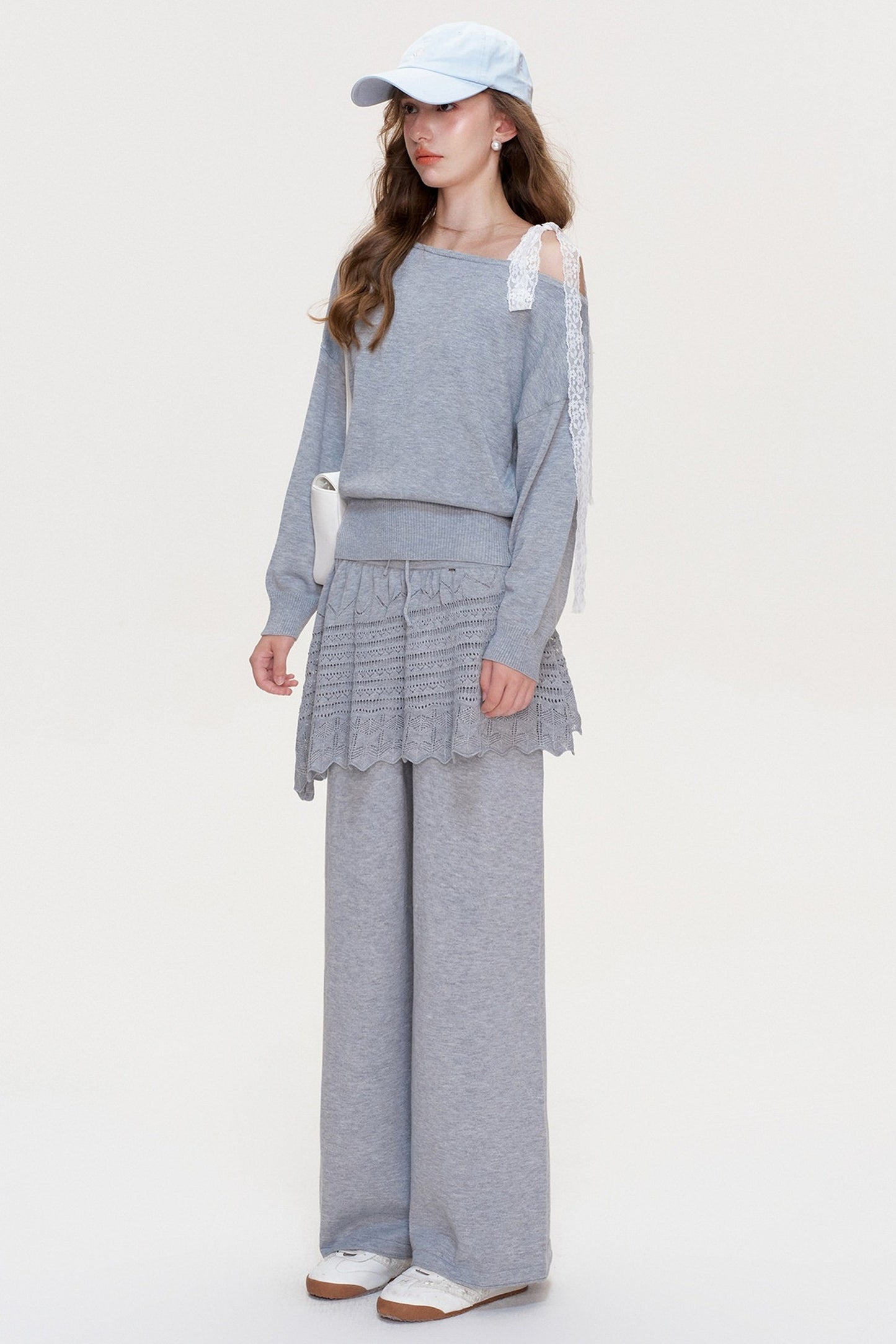 Wool Blend Off-Shoulder Lace Bow Knit Sweater and Pants Set-Up