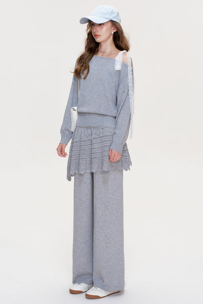 Wool Blend Off-Shoulder Lace Bow Knit Sweater and Pants Set-Up