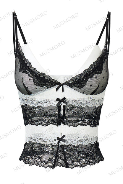 Top in pizzo a blocchi di colore con scollo a V profondo