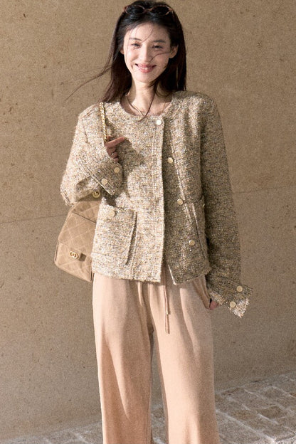Lace Knit Long-Sleeve Top and Drape Velvet Straight-Leg Pants Set-Up